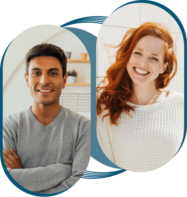 TMJ-Sleep-Apnea-Patients-Mobile Dual portrait of a smiling man in a grey sweater and a cheerful woman with red hair, each framed separately.