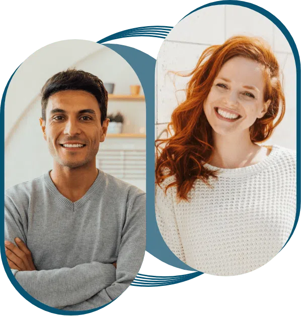 Dual portrait of a smiling man in a grey sweater and a cheerful woman with red hair, each framed separately.